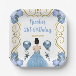 Birthday Party Brown Hair  Princess in Dusty Blue Paper Plate
