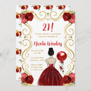 Birthday Party Brown Hair Princess in Red Invitation