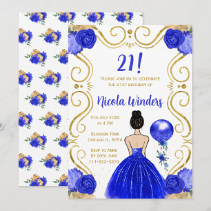 Birthday Party Brown Hair Princess in Royal Blue Invitation
