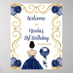 Birthday Party Brown Hair Princess Navy Welcome Poster