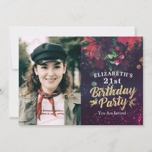 Birthday Party Burgundy Floral Purple Lights Photo Invitation