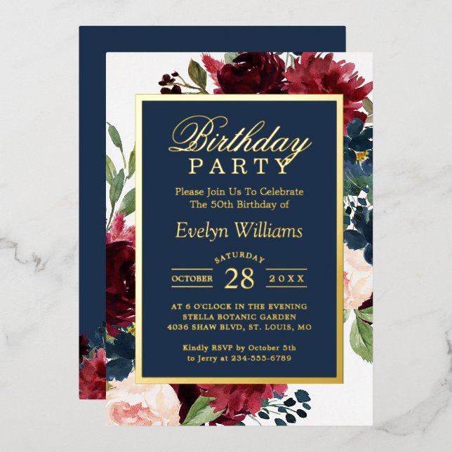 Birthday Party | Burgundy Navy Floral Real Gold (Front/Back)