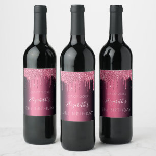 Birthday party burgundy pink glitter 21 years wine label