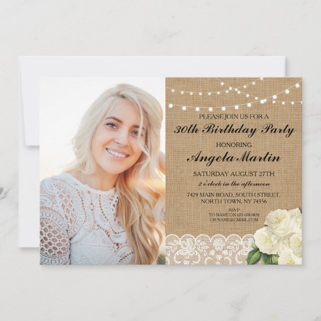 Birthday Party Burlap Lace Rose Photo Rustic Invitation (Front)