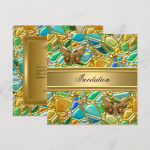 Birthday Party Butterfly Gold Teal Blue Mosaic Invitation