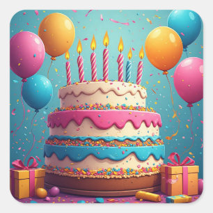 🎂 Birthday Party Cake With Presents And Balloons  Square Sticker