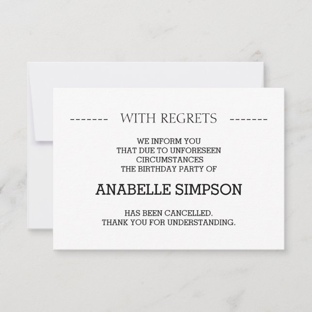 Birthday Party Cancellation Announcement Cards (Front)