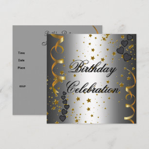 Birthday Party Celebration Silver Black Gold Stars Invitation