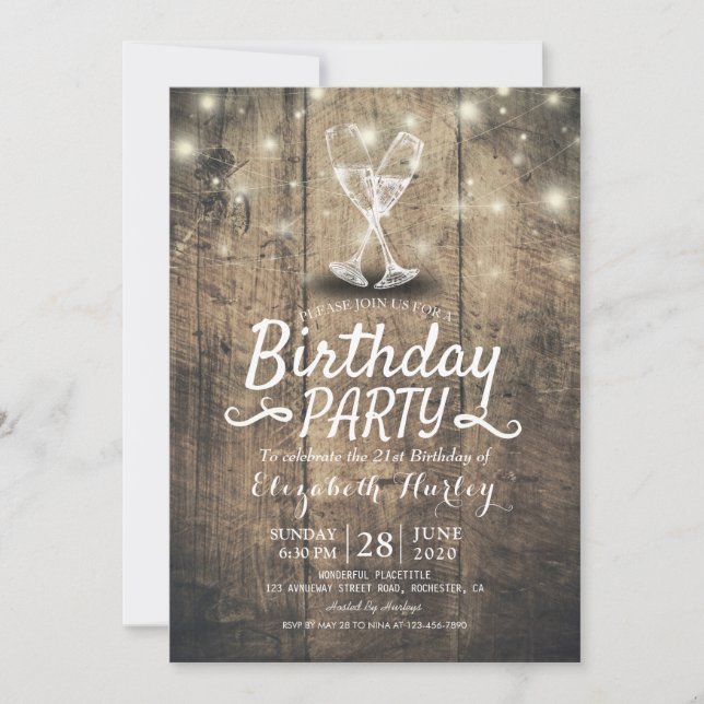 Birthday Party Champagne Glass Wood String Lights Invitation (Front)