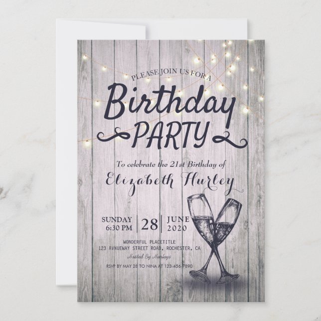 Birthday Party Champagne Glass Wood String Lights Invitation (Front)