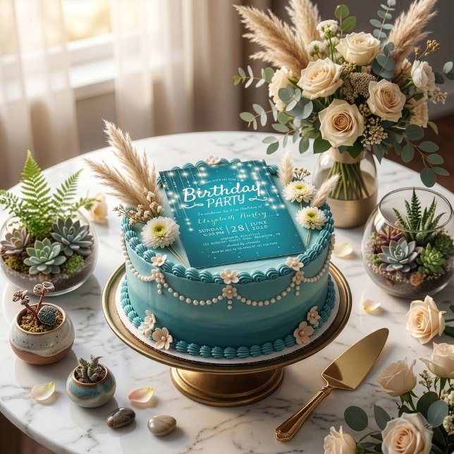 Birthday Party Chic Turquoise Sparkle String Light Invitation (Creator Uploaded)