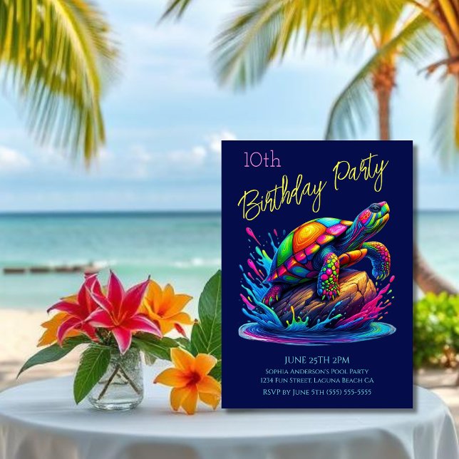 Birthday Party- Colourful Turtle Splash Invitation (Colorful Turtle Splash-Fisherman Core-Dopamine Dressing-Birthday Party Invitation-Blue)
