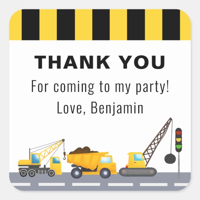 Birthday Party Construction Truck Thank You Square Sticker (Front)