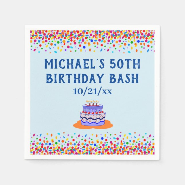 Birthday Party Cool Blue Cake Colourful Confetti Napkin (Front)