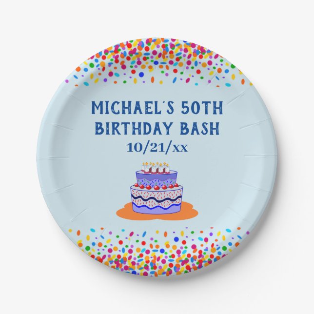 Birthday Party Cool Blue Colourful Cake Paper Plate (Front)