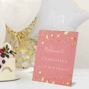 Birthday party coral gold stars welcome pedestal sign