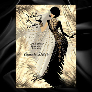Birthday Party Cream Gold Black Dress Feathers Invitation