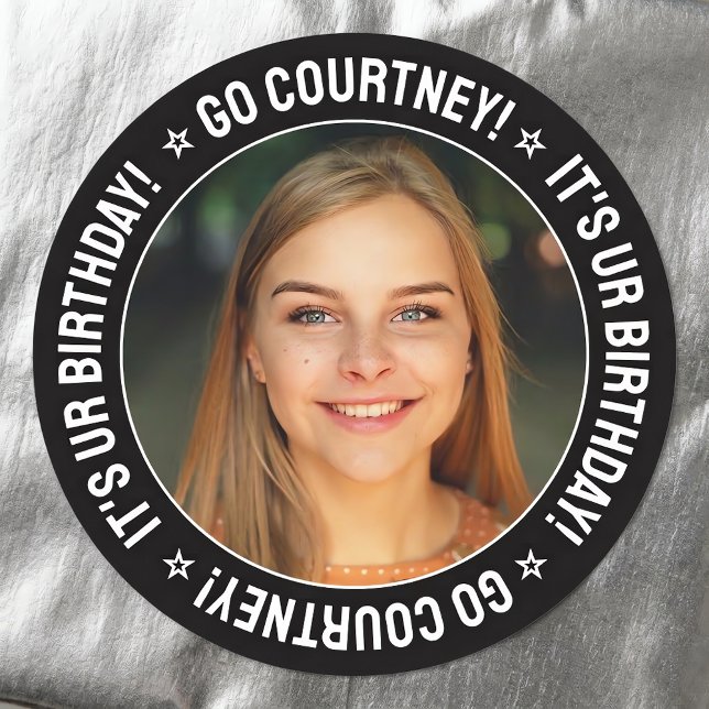 Birthday Party Custom Photo and Text Personalized Classic Round Sticker (Personalized birthday stickers with custom photo and name. Shown on silver wrapping paper.)