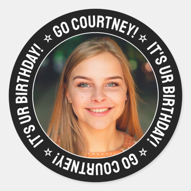 Birthday Party Custom Photo and Text Personalized Classic Round Sticker (Front)