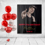Birthday party custom photo black red gold tapestry<br><div class="desc">A tapestry for a 21st (or any age) birthday party for guys. An elegant modern black background. Personalize and add your own high quality photo of the birthday boy/man. The text: The name is white with a modern hand lettered style script. Tempates for a name, age 21 and a date....</div>