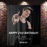 Birthday party custom photo black white modern guy tapestry<br><div class="desc">A tapestry for a 21st (or any age) birthday party for guys. An elegant modern black background. Personalize and add your own high quality photo of the birthday boy/man. The text: The name is white with a modern hand lettered style script. Templates for a name, age 21 and a date....</div>