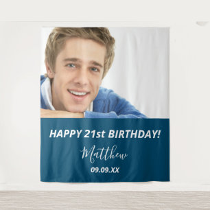 Birthday party custom photo blue white modern guy tapestry
