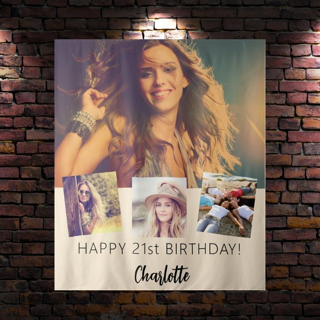 Birthday party custom photo collage cream beige tapestry (Creator Uploaded)