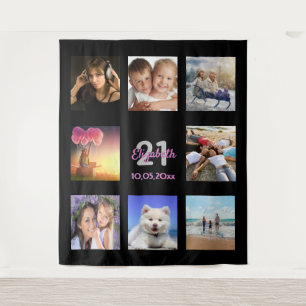 Birthday party custom photo collage pink black tapestry