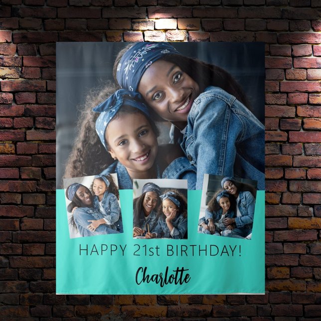 Birthday party custom photo collage turquoise tapestry (Creator Uploaded)