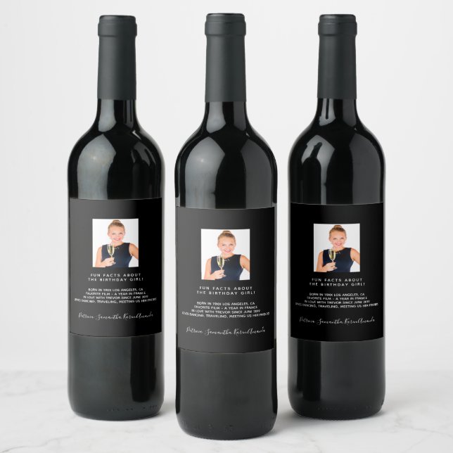 Birthday party custom photo fun facts biography wine label (Bottles)