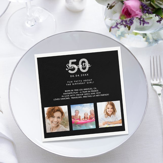 Birthday party custom photo fun facts black white napkin (Creator Uploaded)