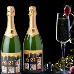 Birthday party custom photo glitter black sparkle sparkling wine label<br><div class="desc">For a 21st (or any age) birthday party, celebrating her life with a collage of 5 of your own photos. Personalize and add a name, age 21 and a date. Date of birth or the date of the party. White and golden coloured letters. Classic black background colour, decorated with faux...</div>