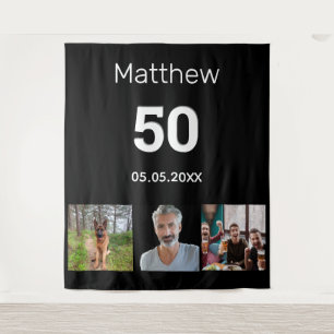 Birthday party custom photo monogram guy black tapestry
