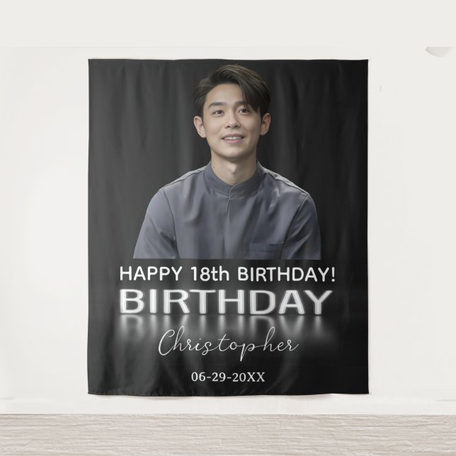 Birthday Party Custom Photo Neon Light Any Age Tapestry (Front)