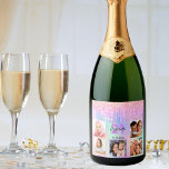 Birthday party custom photo rainbow glitter pink sparkling wine label<br><div class="desc">For a 21st (or any age) birthday party, celebrating her life with a collage of 5 of your own photos. Personalize and add a name, age 21 and a date. Date of birth or the date of the party. Purple and dark grey coloured letters. A trendy rainbow coloured background in...</div>