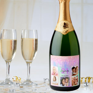 Birthday party custom photo rainbow glitter pink sparkling wine label