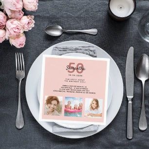 Birthday party custom photo rose gold fun facts napkin