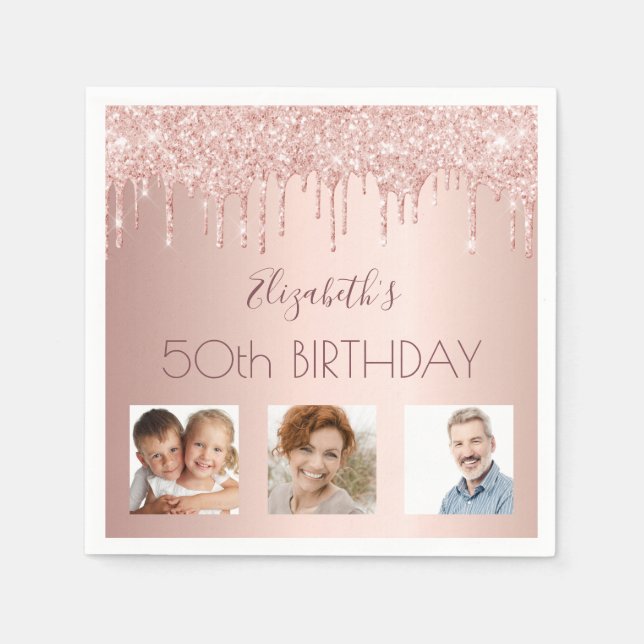 Birthday party custom photo rose gold glitter pink napkin (Front)