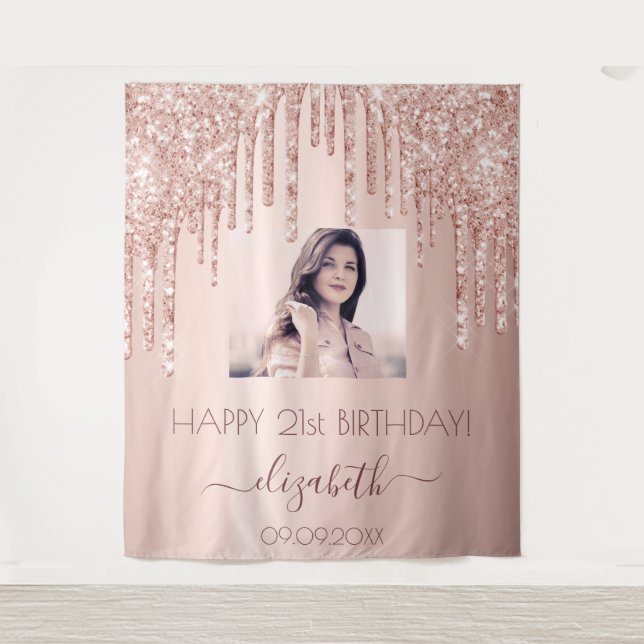 Birthday party custom photo rose gold pink drips tapestry (Front)