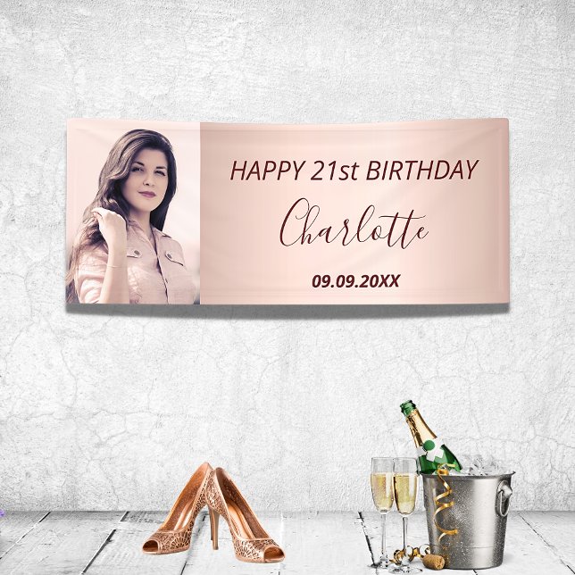 Birthday party custom photo rose gold pink modern banner (Creator Uploaded)
