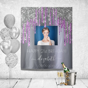 Birthday party custom photo silver glitter purple tapestry