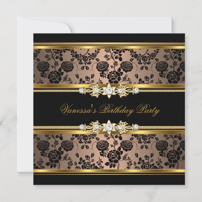 Birthday Party Damask Coffee Gold Black Invitation (Front)