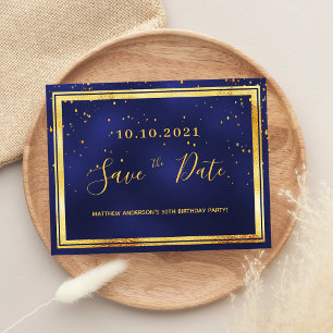 Birthday party dark blue gold save the date postcard