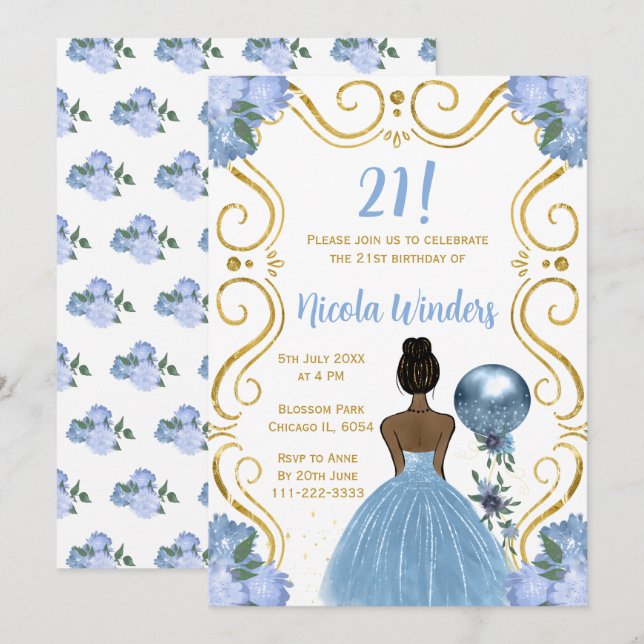 Birthday Party Dark Skin Princess in Blue Invitation (Front/Back)