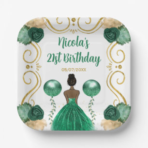 Birthday Party Dark Skin Princess in Green Paper Plate