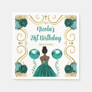 Birthday Party Dark Skin Princess in Teal Napkin