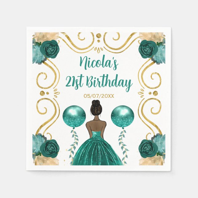 Birthday Party Dark Skin Princess in Teal Napkin (Front)