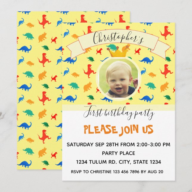 Birthday party Dinosaur baby boy photo Invitation (Front/Back)