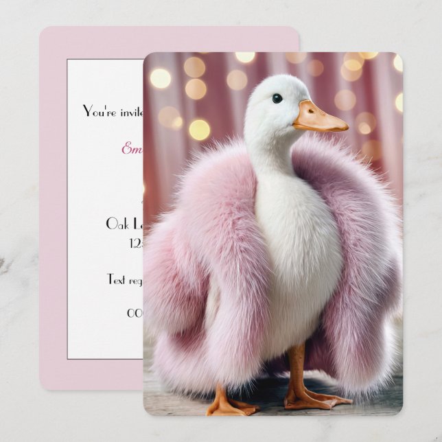 Birthday Party Duck Wearing a Pink Fur Coat Invitation (Front/Back)