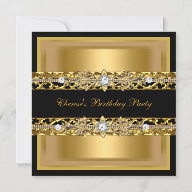 Birthday Party Elegant Black Gold Diamond Jewel 2 Invitation (Front)
